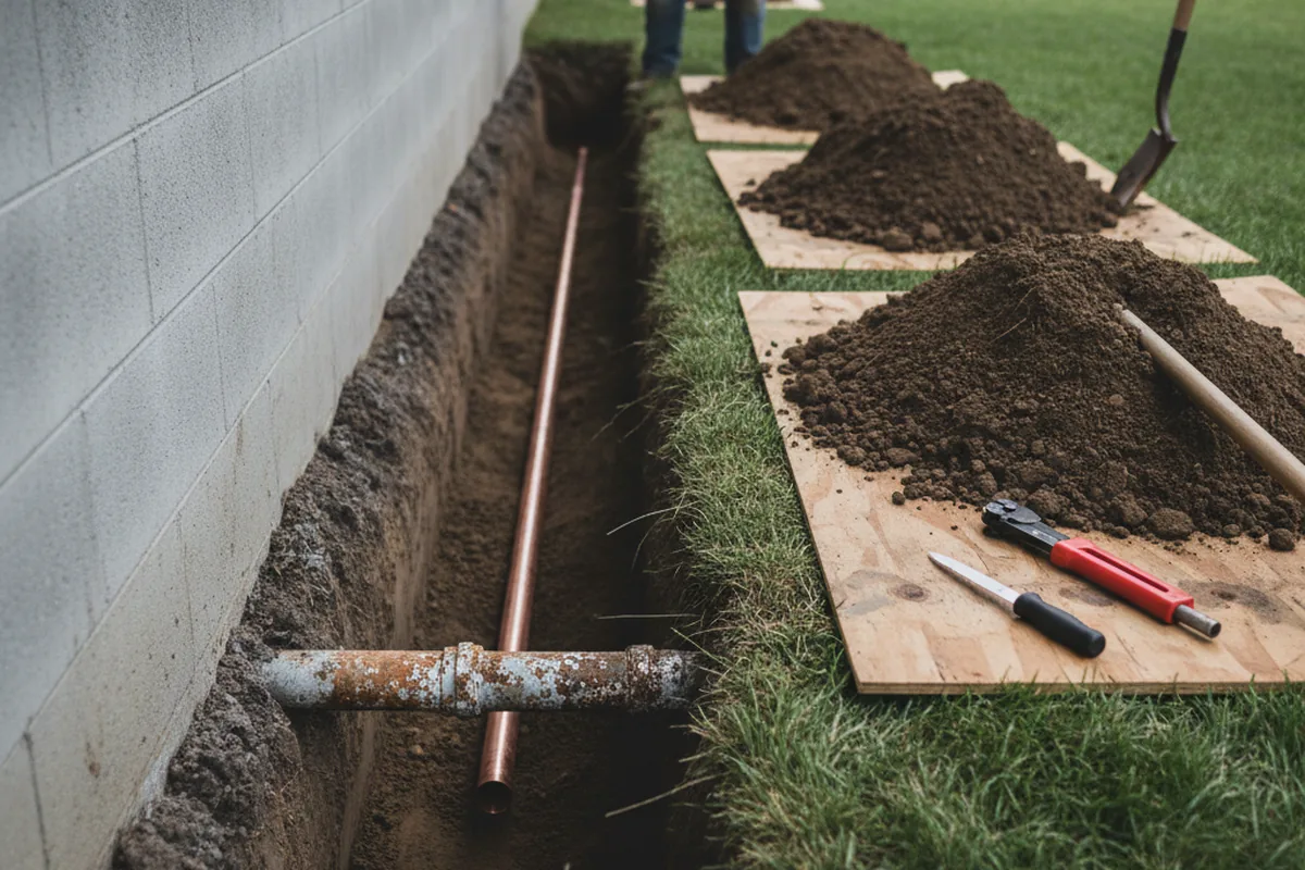 Excavated water line trench during Water Softener Installation in Gerrardstown